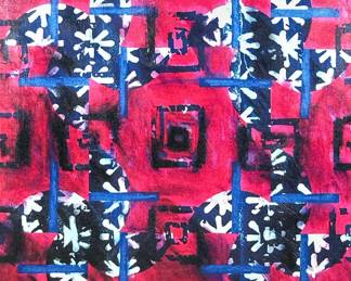 ANDRE LANOUX (20TH/21ST CENTURY) OIL PAINTING | Pink and blue abstract. Oil on canvas. Signed lower right & on verso - h. 24 x w. 24 in