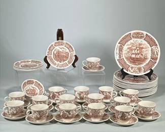 (55pc) FAIR WINDS COPPER ENGRAVINGS DISH SET | Fair Winds Historical Scenes of Chinese Export to America dish set by Alfred Meakin including: 14 dinner plates, 5 salad plates, 4 small bowls, and 16 teacups & saucers - dia. 10.5 in (Dinner plate)