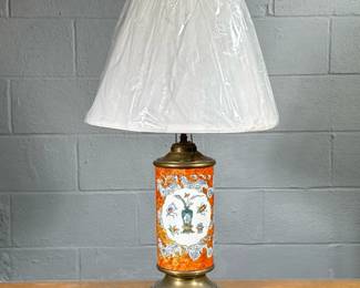 ASIAN CERAMIC TABLE LAMP | Having glazed decoration with brass base & top - h. 27 x dia. 7.5 in