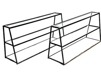 (2pc) PAIR IRON & GLASS ETAGERES | Slanted iron & glass shelves with graduated shelves - h. 20.5 x w. 42.25 x d. 12.25 in