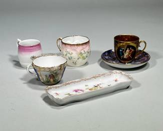 (5pc) Teacups And Small Tray | 4 delicate porcelain tea cups, one with saucer. Three are marked. Floral oblong tray is marked Dresden Germany. - h. 2.5 x dia. 3 in (Largest teacup)