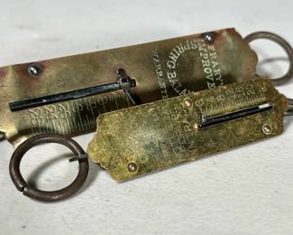(2pc) BRASS HOOK SCALES | Including: John Chatillon & Sons brass hanging scale, and Frary’s Improved Spring Balance - w. 1.5 x l. 10.5 in