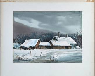 WINTER SCENE WATERCOLOR | Winter farmhouse
Watercolor with oil painting detail. 9 x 14 in. Sight. Unframed & unsigned - h. 14.5 x w. 19 in (board)