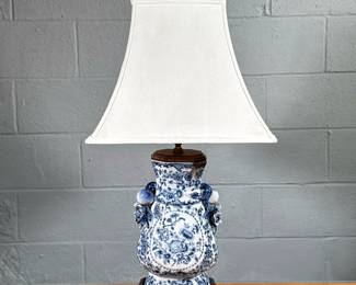 English Porcelain Vase Lamp | Possibly Sheffield. With crackle-glazed floral decoration and rose relief- h. 28 x w. 7 x l. 8 in