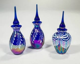 (2pc) Cobalt Blue Swirl Perfume Bottles | One perfume bottle and one decorated with a white swirl pattern with stoppers - h. 6 x w. 2 x d. 2 in