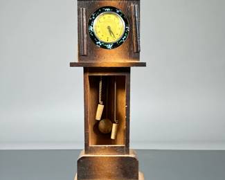 INGRAHAM POCKET WATCH & SAFE| Paint decorated enameled pocket watch case, in a grandfather clock-form watch safe. - h. 7.75 x w. 2.75 x d. 1.5 in