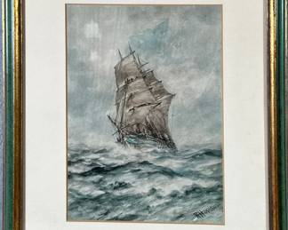 ROBERT HOPKIN (19TH/20TH CENTURY) SHIP PRINT | Watercolor print of sailboat. 8.5 x 6.5 in. Sight. Print signed lower right - h. 14.25 x w. 11.75 in