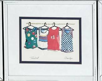 (3pc) ANNE ORMSBY (20TH/21ST CENTURY) SIGNED PRINTS | Set of 3 signed prints by Anne Orsmby of hanging clothing, titled; Tanked, Shoe-in, and Heads Up. 4.5 x 6.5 in sight - h. 8.5 x w. 10.5 in