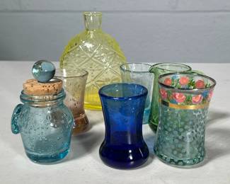 (6pc) MIXED COLORED GLASS | Including miniature pitcher, vases, and sugar/honey jar - h. 5.5 x w. 2.5 x l. 4 in (largest)