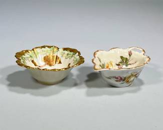 (2pc) Small Porcelain Pieces | Both ornate pieces with gold trim are marked on the bottom. One can be used as a creamer. - h. 2 x dia. 5 in (Round bowl)