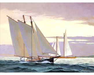 BEN NEILL (1914-2001) OIL PAINTING | Passing Fisherman. Oil on masonite. 12 x 16 in. Sight. Showing two schooners before a colorful sky. Signed lower right, titled on verso and with Misty Marsh Studio Stamp on board and frame - h. 17.5 x w. 21.25 in (frame)