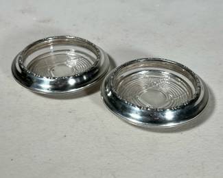(2pc) PAIR STERLING & CUT GLASS COASTERS | Marked “Amston STERLING” - h. 1 x dia. 4 in