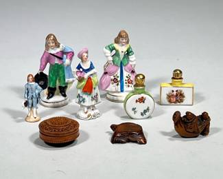 (10pc) Misc. Small Objects | Porcelain small figurines, wooden carvings, two perfume bottles and pearl small knife. Tall figurines and perfume bottles marked Germany. - h. 3.75 x w. 2 in (Lady Figurine)