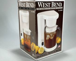 NIB WEST BEND ICED TEA MAKER | New in box West Bend 2-Quart Ice Tea Maker, model No. 68002
Dimensions: h. 14.5 x w. 9 x l. 9 in (box)