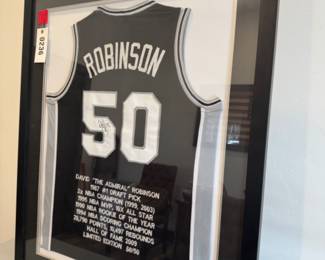 Framed autographed David Robinson Spurs jersey,42.5" tall and 43" wide  Authencity verfied by JSA W728751