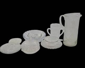 Glassware Etched Pitcher, Covered Dish & More