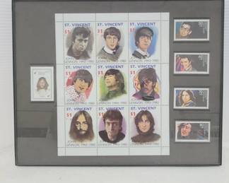Framed Beatles John Lennon St Vincent Stamps