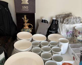 White dishes, decanter, crowlers & misc.