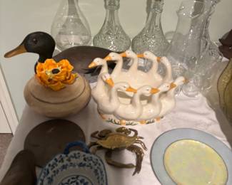 WOOD DECOY, & GOOSE DISH & MISC