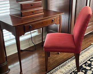 Bob Timberlake Cherry writing desk – 1 drawer 38w x 21d x 30h - red upholstered parsons chair - separate mens valet cabinet on top