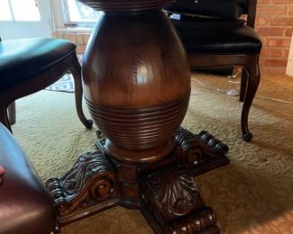 PRESALE Theodore Alexander side chairs, 6 available, faux leather with nailhead trim + Round table, 54” diameter, center pedestal with heavy carved feet.