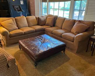 PRESALE Century sectional sofa- 2 piece, left-facing is 107L x 38d x 30h, right facing is 68l x 38d x 30h. Golden beige tone with red thread in the weave.