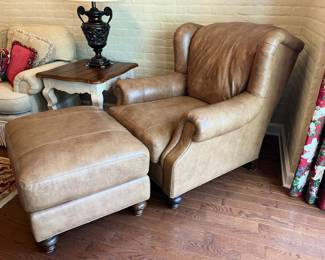 PRESALE Beacon Hill Leather Wing chair and ottoman – carved wood feet, 40w x 45d x 37h chair, ottoman is 31w x 24d