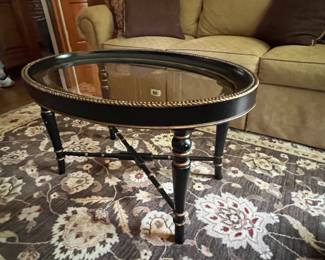 Black and gold glass topped tray table. 36l x 24w x 21h