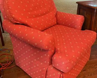 Pair of Pearson swivel rocker arm chairs with red French fabric. 28w x 31d x 33h