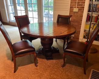 PRESALE Theodore Alexander side chairs, 6 available, faux leather with nailhead trim + Round table, 54” diameter, center pedestal with heavy carved feet.