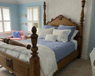 Queen 4 poster bed and matching 2 drawer nightstand. Hooker furniture Cascade collection? Tall posts 83"h