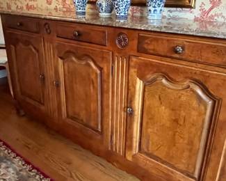 PRESALE Century furniture French Country marble top buffet. 76w x 20d x 38h 3 drawer over 3 door, silver storage (walnut)