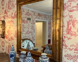 Gilded wood beveled mirror – 36 x 42 + blue & white ceramic vases