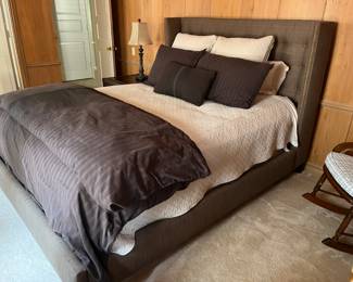 Restoration Hardware upholstered wing back queen bed in menswear style fabric with nailhead trim