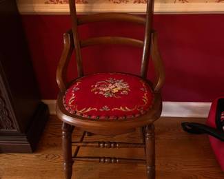 Antique chair w/ needlepoint. 33.5h x 16.6w seat