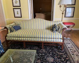 PRESALE Chippendale style Camelback Settee sofa with carved wood frame – 80w x 34d x 35h - single cushion, yellow/blue stripe upholstery