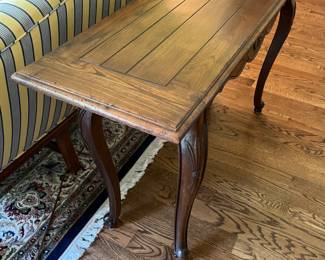 French country wood console table w/ carved scallop apron and legs. 54w x 16d x 30h