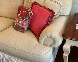 PRESALE Sherrill Neutral beige sofa with fringe – roll arm 3 cushion, 89L x 37d x 32h