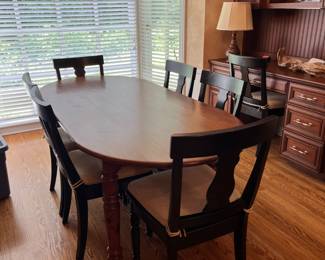 PRESALE Oval custom pine table 35w x 78L x 30h + Set of 7 Pottery Barn Harvest side chairs in Restored black w/ neutral cushions. 19”w seat