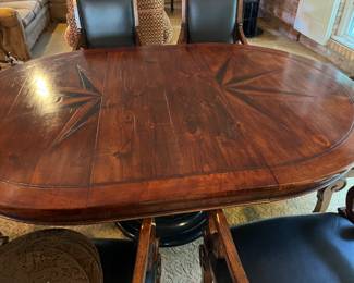 PRESALE Henredon 52” Round pedestal table with star inlay detail. Shown with 22” leaf to make it an oval. Set of 6 North Carolina faux leather with nailhead trim armchairs