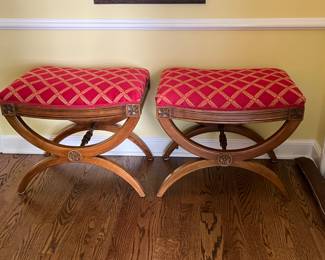 Pair of regency style walnut stools with red lattice upholstery. 22w x 14.5d x 18h