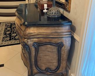 3 drawer Bombe carved wood chest – 43w x 20d x 34h
