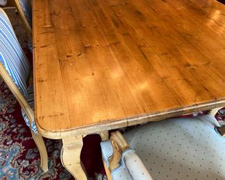 PRESALE Custom French Country pine dining table with scalloped apron and cabriole legs. 97 x 44 + Set of 8 chairs – 2 arm and 6 side. Coordinating blue and white upholstery. 21w x 37h