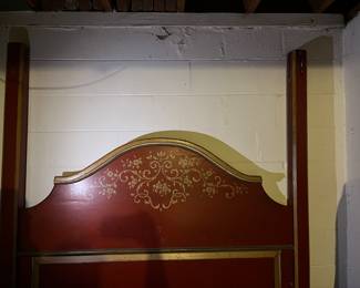 Red & gold painted queen bed frame - with wooden canopy frame and footboard