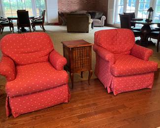 Pair of Pearson swivel rocker arm chairs with red French fabric. 28w x 31d x 33h
