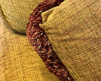 PEESALE Century sectional sofa- 2 piece, left-facing is 107L x 38d x 30h, right facing is 68l x 38d x 30h. Golden tone with red thread in the weave.