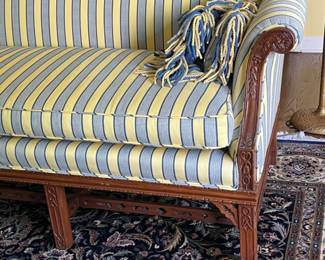PRESALE Chippendale style Camelback Settee sofa with carved wood frame – 80w x 34d x 35h - single cushion, yellow/blue stripe upholstery