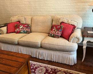 PRESALE Sherrill Neutral beige sofa with fringe – roll arm 3 cushion, 89L x 37d x 32h