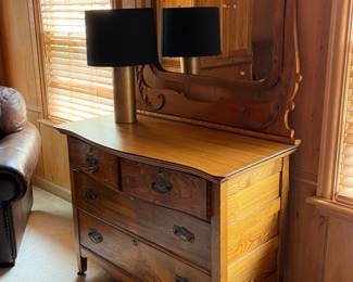 Antique oak dresser with 4 drawers and attached lyre mirror. 43w x 22d x 33h