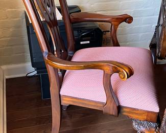 Large writing desk & chair, carved wood w/ claw and ball feet, 4 drawers, 62w x 32d x 30h.